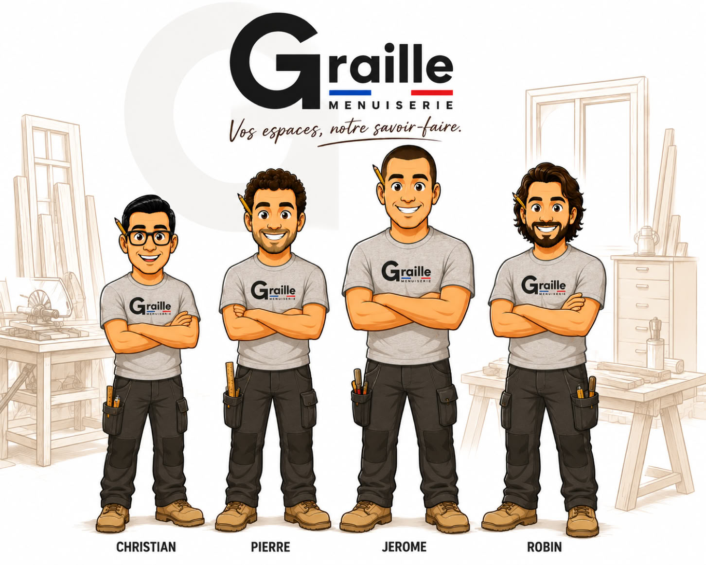 Équipe de pose de Graille Menuiserie pour l’installation de menuiseries et d’agencements sur mesure en Corrèze.